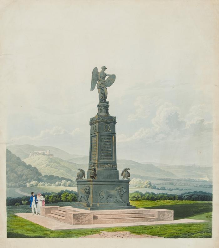 Tschechien. - bei Priesten. Denkmal für die in der Schlacht bei Kulm (Chlumec u Chabarovic) 1813  gefallenen russischen Soldatennach einem Entwurf von Peter Nobile (errichtet 1835-37), Denkmal mit der umgebenen Landschaft und Betrachterpaar.
