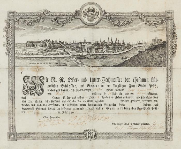 Ungarn. Pest.. - Gesamtansich tüber die Donau. Handwerkskundschaft der Schlosser und Sporer, 1805.