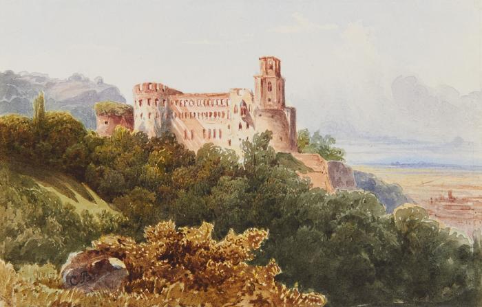 Heidelbeger Schloss. Chateau de Heidelberg. Aquarell auf leichtem Karton, montiert auf Unterlagekarton mit Tuschlinieneinfassung, von Clementine Brelanz (1811 - 1892). In der Darstellung monogrammiert, Unterlagekarton signiert.