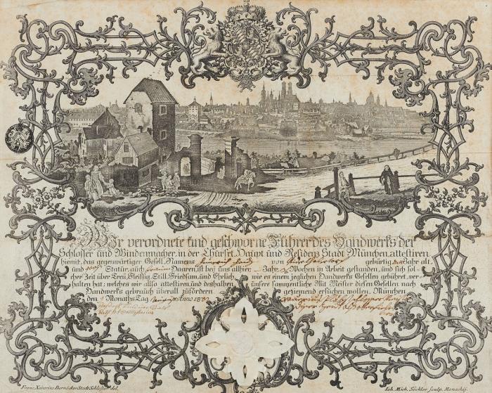 München. - Gesamtansicht von Südosten vom Gasteig über die Isar. Handwerkskundschaft der Schlosser und Windenmacher, 1802.