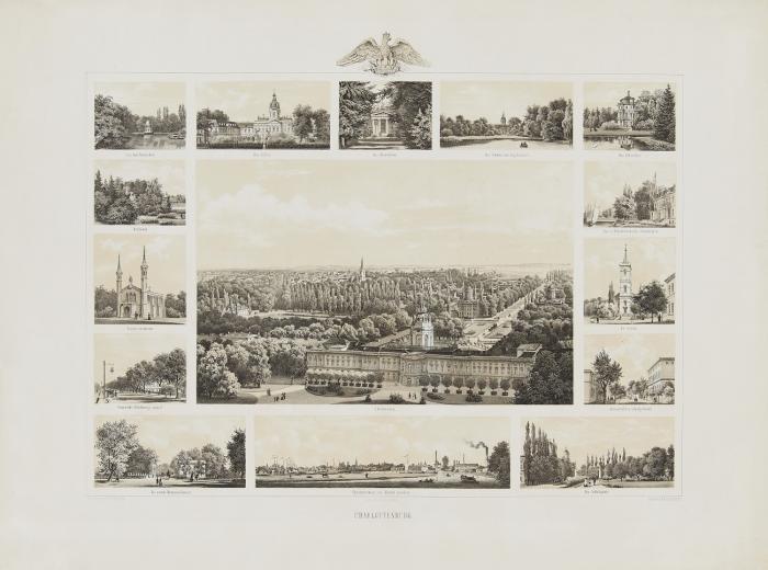 Charlottenburg. Souvenirblatt, Gesamtansicht von Charlottenburg mit 14 Teilansichten. Lithographie mit Tonplatte auf Karton, nach F.A. Borchel bei A. Hölzer Berlin, im Verlag J. C. Huber, Berlin, um 1870.