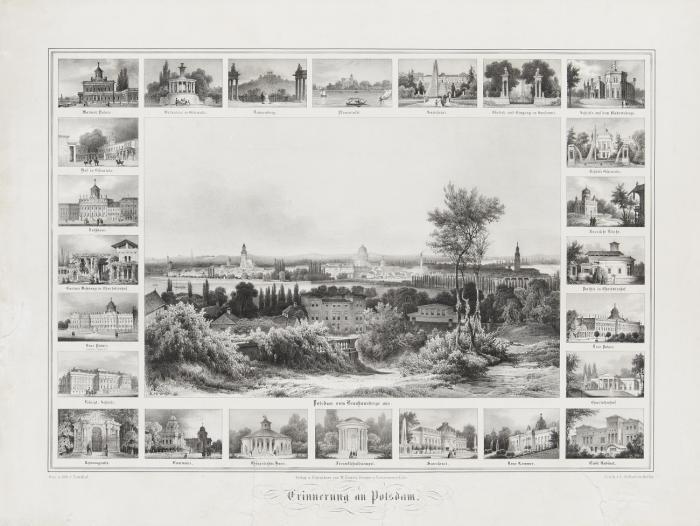 Potsdam. - Erinnerung an Potsdam. Gesamtansicht vom Brauhausberg aus gesehen, mit 24 Randansichten, u.a. mit dem Marmorpalais, dem Ruinenberg, der Pfaueninsel, Sanssouci, Schloss Glienicke, Charlottenhof, Neptungrotte sowie dem Rathaus. Lithographie von Loeillot, Druck bei L. Zöllner, Berlin, Verlag W. Zawitz.