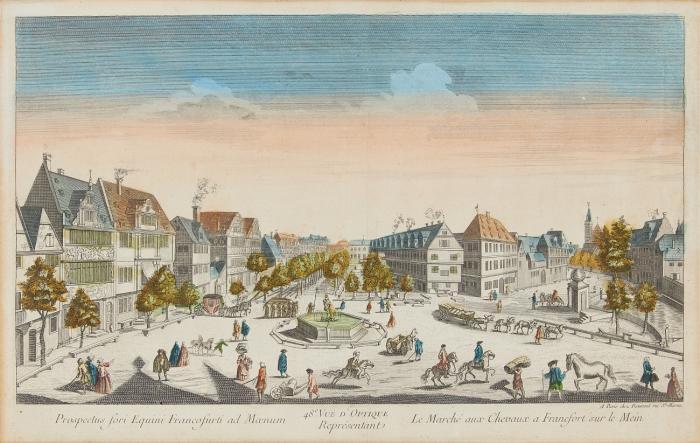 Frankfurt a.M. - Prospectus fori Equini Francofurti ad Maenum - Le Marché aux Chevaux a Francfort sur le Mein (Marktplatz) / Vue perspective du marche aux chevaux de francfort sur le mein... (Roßmarkt mit Kastanien-Allee).