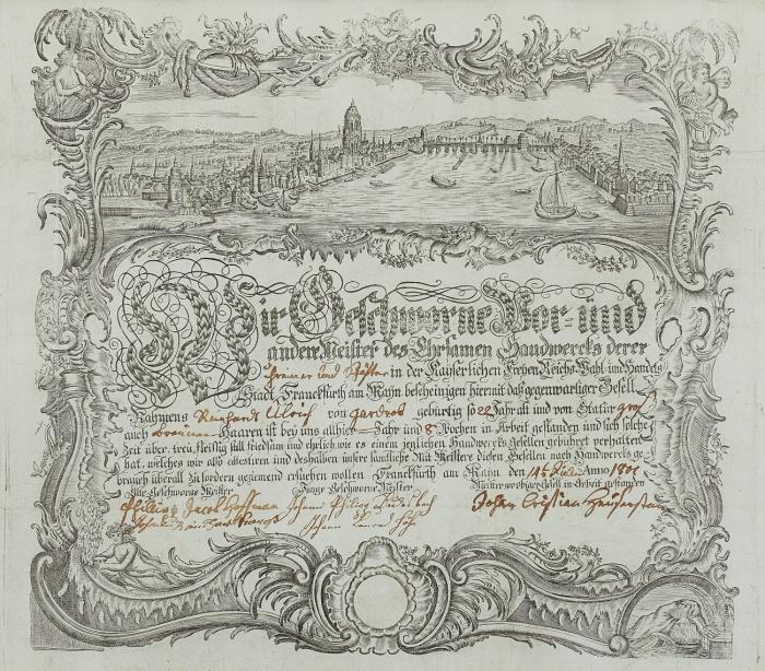 Frankfurt am Main. - Gesamtansicht mit Sachsenhausen. Handwerkskundschaft der Schreiner und Schefter, 1801.