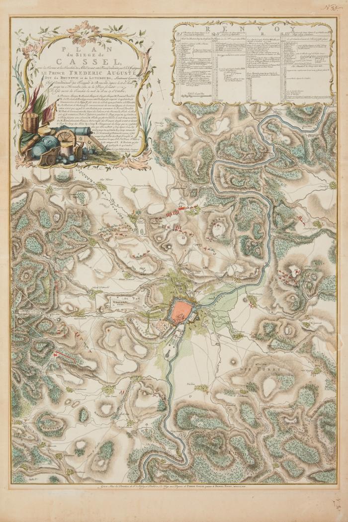 Kassel. Plan du Siege de Cassel, avec les Travaux et les Tranchées des Alliés devant cette Place ... depuis le 18. d'Aout jusqu'au 1. Novembre 1762. où la Place se rendit. Befestigungsgrundriss mit Umgebung und Truppenaufstellungen sowie Kartusche und Legende.