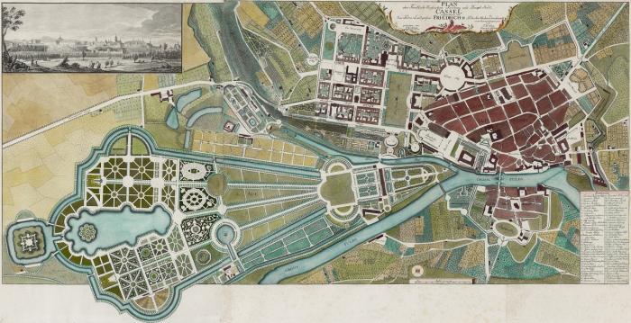 Kassel. – Plan der Fürstlich Hessichen Residenz und Haupt Stadt Cassel  ... 1781. Großer Plan der Stadt mit den Schlossparkanlagen, in der oberen linken Ecke Gesamtansicht nach Johann Heinrich Tischbein, d.Ä. 1782 (Ca. 12 x 31,5 cm).