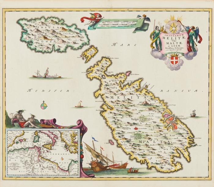 Malta. Insularum Melitae vulgo Malte et Gozae Novissim Delineatio, mit Gozo und kleiner Teilkarte des Mittelmeers.
