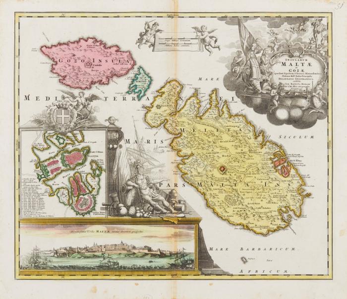 Malta. Insularum Maltae et Gozae ... Delineatio Geographica, mit Plan und Ansicht von Valletta.