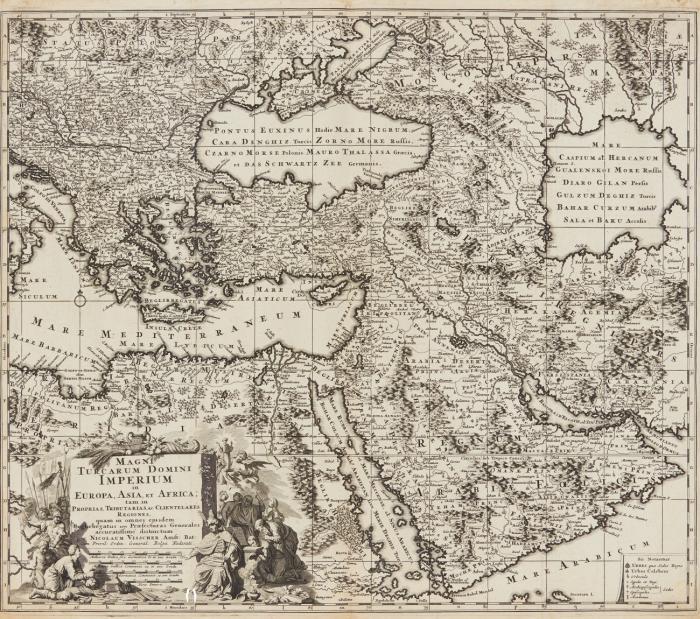Mittelmeer / Türkei. - Magni Turcarum Domini Imperium in Europa, Asia, et Africa; tam in Proprias, Tributarias, ac Clientelares Regiones, das Türkische Reich, mit figürlicher Kartusche.