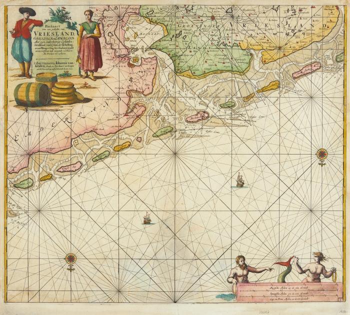 Niederlande. Friesland. Paskaart van een gedeelte van Vriesland, Groeningen, en Emderland. Met zyn onderhoorige Eylanden ..., Küstenkarte mit den friesischen Inseln zwischen Wangerooge bis Ameland, mit dem Dollart und den Orten Emden, Groningen und Leeuwarden.