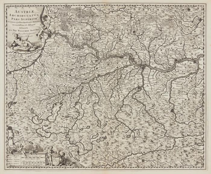 Österreich. - Austriae Archiducatus pars superior in omnes ejusdem quadrantes ditiones accuratissime et distincte delineata, Oberösterreich mit figürlicher Kartusche und Meilenanzeiger.