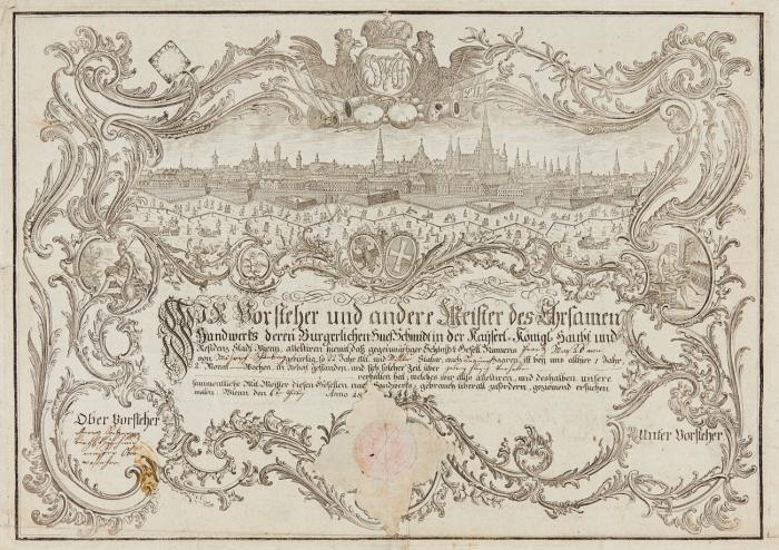 Österreich. Wien. - Gesamtansicht in reicher Akanthus-Einfassung. Handwerkskundschaft der Hufschmiede, 1807.