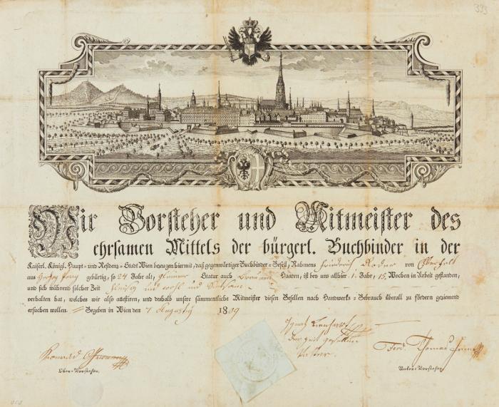 Handwerkskundschaft für Buchbinder. Wien, 1809. Mit Stadtansicht.