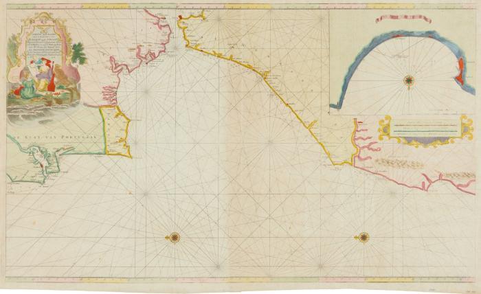 Portugal / Marokko. Nieuwe Pas-Kaart van 't Opkoomen van 't Naauw van de Straat Beginnende aan de Spaanse Kust ..., See- und Küstenkarte von Lissabon über Tanger bis zum Atlas-Gebirge, mit der Straße von Gibraltar; in Eckkarte die Bucht von Tanger.
