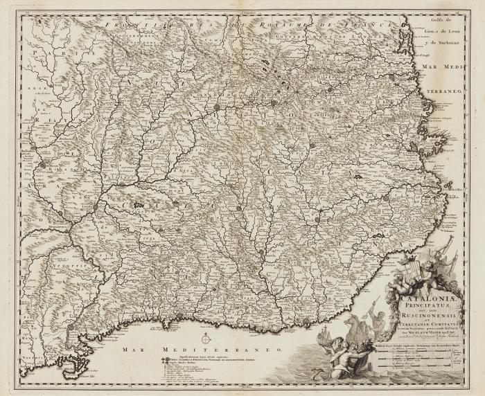 Spanien / Portugal. - 8 Blatt teils grenzkolorierte Kupferstichkarten, teils mit figürlichen Kartuschen bei N. Visscher (3) bzw. J. Blaeu (5).1635-90. Blattgröße ca. zwischen 38 x 50 bis 50,5 x 60 cm.