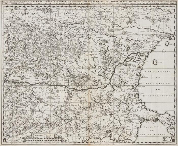 Ungarn / Balkan. 5 Kupferstichkarten von ca. 1670 - 1700. Plattengröße von 44 x 80,5 bis 49,5 x 56 cm.
1.) Totius Regni Hungariae ...,(Ungarn, bei Nicolaes Visscher / 2.) Regnum Hungaria in Omnes suos Comitatus ... (Ungarn), bei Frederick de Wit / 3.) Illyricum Hodiernum ... (Dalmatien), von J. Blaeu / 4.) Exactissima Tabula qua tam Danubii Fluvii Pars Media ... (Ungarn, Serbien, Kroatien etc., mit dem Donaulauf von Linz bis Widin, Bulgarien), bei N. Visscher / 6.) Exactissima Tabula qua tam Danubii Fluvii Pars Inferior ... (Donaumündung mit Rumänien und Bulgarien), bei N. Visscher.