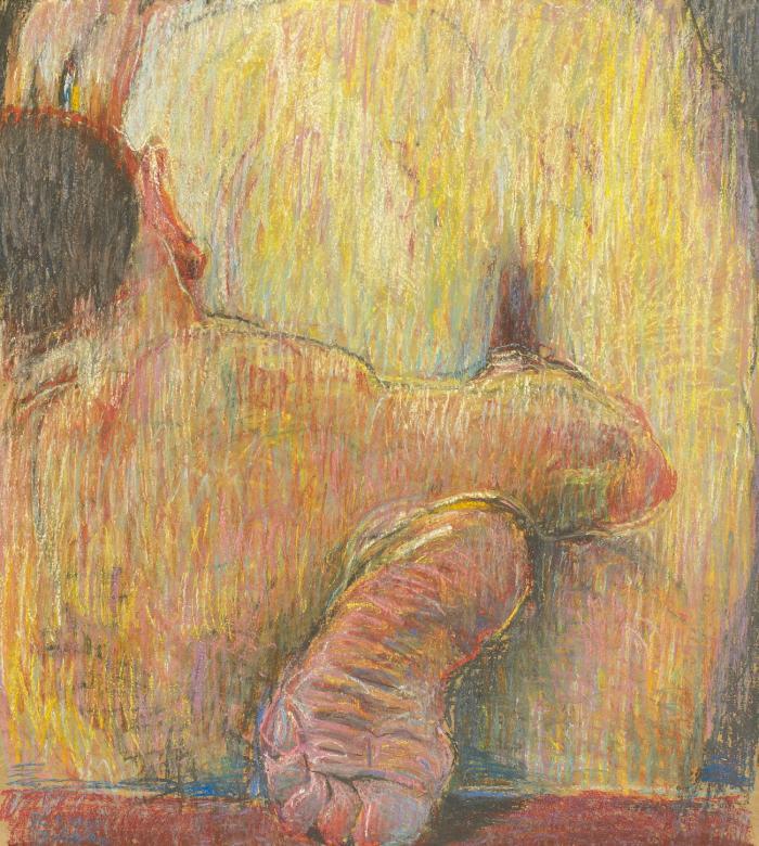Johannes Grützke. Fußakt. 1987. Pastell auf Papier. Signiert.