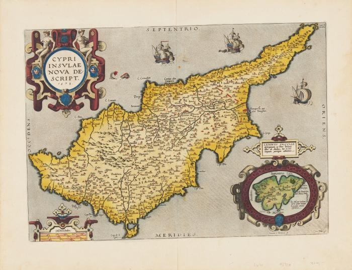 Zypern. Cypri Insulae nova descript. 1573, mit kleiner Karte von Lemnos in Kartusche.