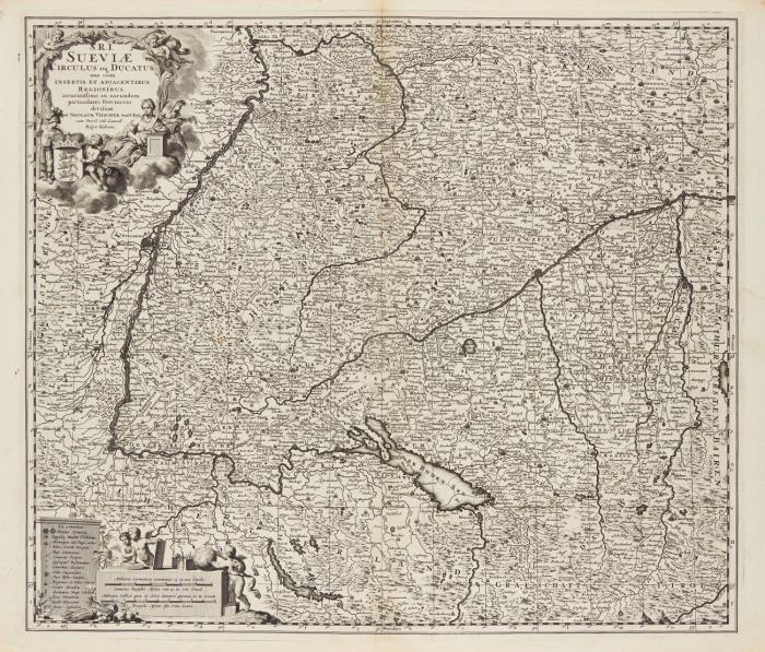 Südwestdeutschland. – 8 Kupferstichkarten, um 1680  bis 1700, bei Nicolaes Visscher (6) und Frederick de Wit (2). Von ca. 48,5 x 59 bis 60 x 52 cm.
1.) Circulus Electorum Rheni ... (mit dem Rhein von Wesel bis Rastatt) / 2.) Tabula Geographica ... Superior Rheni, Mosae et Mosellae (mit dem Oberrhein bis Worms) / 3.) Ducatus Wurtenbergensis (Württemberg) / 4.) S.R.I. Sueviae Circulus atque Ducatus ...(Schwaben) / 5.) Circulus Suevicus ...(Schwaben, mit Wappenkartusche) / 6.) Landgraviatus Alsatiae inferioris Novissima Tabula (Unterelsaß) / 7.) Superioris Alsatiae ...(Oberelsass mit dem Breisgau) / 8.) Totius Alsatiae ... (Elsass).
