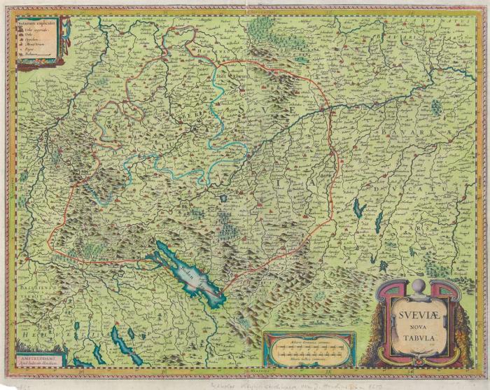 Baden-Württemberg. - Schwaben. - Sueviae nova tabula. Mit Heidelberg, Regensburg, Luzern, Basel und im Zentrum Ulm.