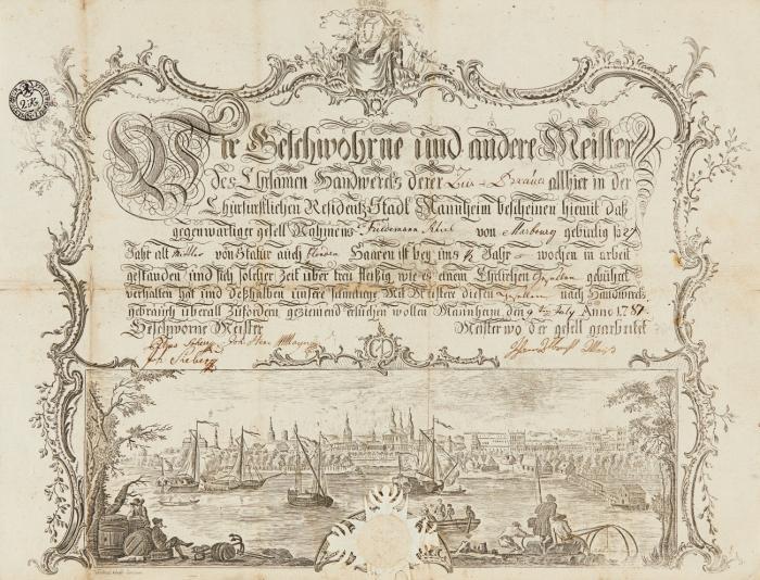 Mannheim. - Gesamtansicht von Südwesten über den von Schiffen belebten Rhein. Handwerkskundschaft der Bierbrauer.
