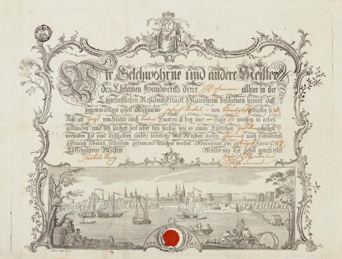 Mannheim. - Gesamtansicht mit Schloss, in Akanthuseinfassung mit Kurhut und Monogramm Carl Theodors. Handwerkskundschaft der Schreiner, 1787, mit Lacksiegel.