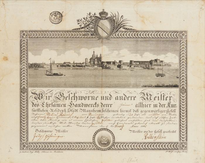 Handwerkskundschaft für Schreiner. Mannheim, 1805. Mit Stadtansicht.