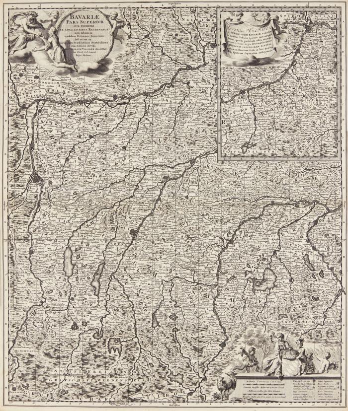 Bayern / Franken. – 6 Kupferstichkarten (dav. 1 teilkoloriert) des 17. Jahrhunderts. Plattengröße von ca. 38,5 x 50 bis 49 x 56,5 cm.
1.) Bavaria Ducatus, von Gerhard Mercator bei W. Blaeu / Bavariae Pars Inferior ... (Niederbayern), von Nicolaes Visscher / 3.) Bavariae Pars Superior ... (Oberbayern), von N. Visscher / 4.) Bavariae Palatinus vulgo Die Ober-Pfaltz ..., von N. Visscher / 5.) Circulus Bavaricus ... von Frederick de Wit / 6.) Circulus Franconicus ... (Franken).