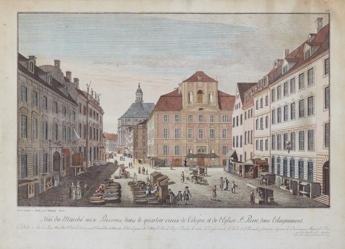 Berlin. - Vuë du Marché aux Poissons, dans le quartier vieux de Cologne, et de l'Eglise St.Pierre, dans l'éloignement (Fischmarkt mit Petrikirche im Hintergrund).