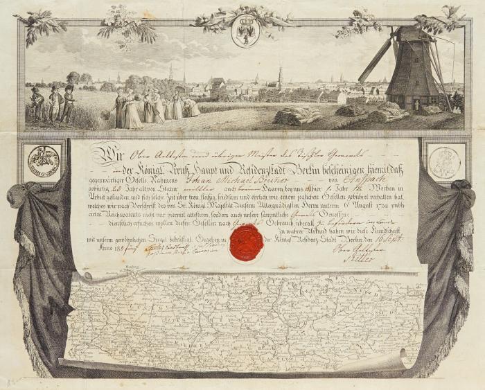 Berlin. - Blick von einem Ausläufer des Barnim hinunter auf den Norden der Stadt, mit Landkarte für die wandernden Gesellen. Handwerkskundschaft der Tischler,
