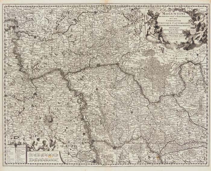 Hessen / Rheinland-Pfalz / Erzbistum Mainz. - Moguntini Archiepiscopat et Electoratus nec non Comitatum utrisque Cattimeliboci Verthemensis & Erpachiensis / Archiepiscopatus et electoratus Moguntini et adjacentium regionum, ut landgraviatuum Hasso Darmstadiensis et Rhenofeldensis, je mit figürlichen Kartuschen und Frankfurt als zentralem Ort.
