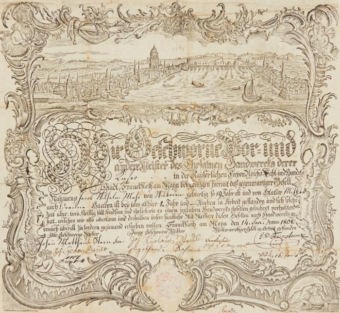 Handwerkskundschaft für Küfner. Frankfurt a.M., 1806. Mit Stadtansicht.