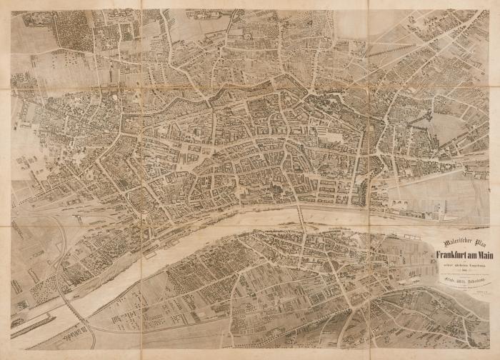 Frankfurt a.M. – Malerischer Plan von Frankfurt am Main und seiner nächsten Umgebung, 1864. Nach der Natur aufgenommen und auf geometrischer Basis in Vogelschau gezeichnet.