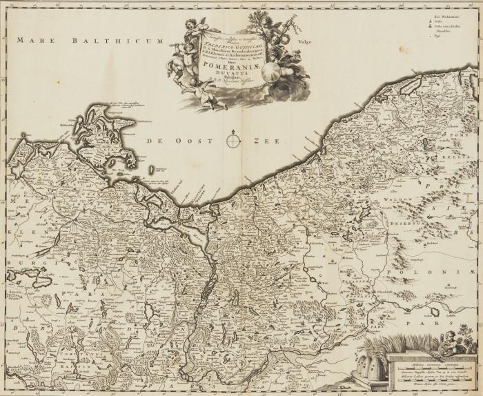 Mecklenburg-Vorpommern. - Pomeraniae Ducatus, mit der Ostseeküste vom Darß bis Wittenborch, mit Meilenanzeiger und figürlicher Kartusche.
Dazu:  Circulus Saxoniae Superioris : divisa in Ducatus Saxoniae, Altenburgi, Vinariae, Gothae, et Isenaci, Principatum Anhaltinum, Comitatus Suartenburgi, Barbiae, et Bichlingii, Episcopatus Ceitzii et Halae.