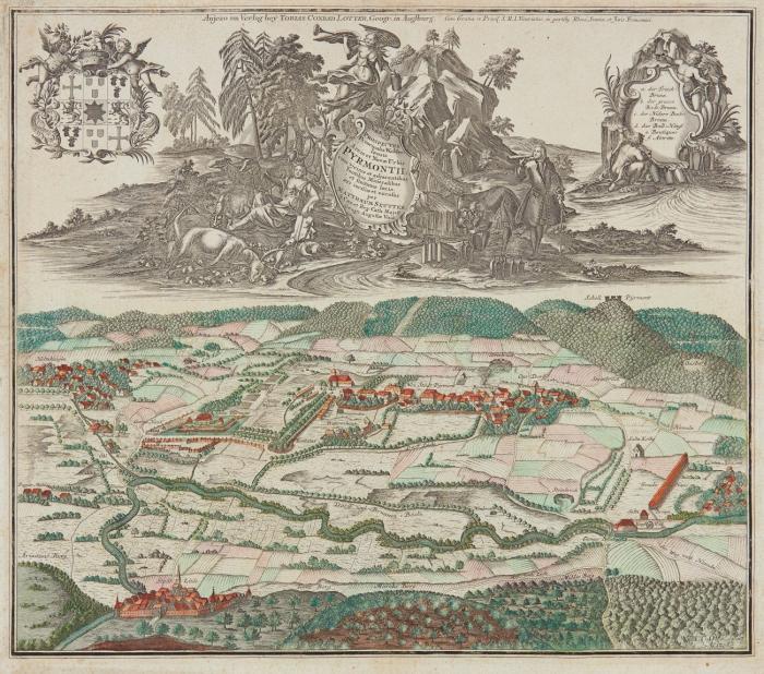 Bad Pyrmont. Prospectus Principalis Waldeccensis Arcis et Novae Urbis Pyrmontii ..., Gesamtansicht mit Holzhausen, Löwensen und Lüdge sowie großer figürlicher Kartusche mit Wappen und Legende.