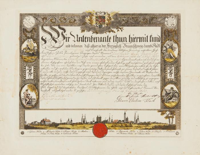 Braunschweig. - Gesamtansicht mit Legende, in Rahmenbordüre Wappen, und vier Medaillons mit allegorischen Darstellungen; mit rotem Lacksiegel. Handwerkskundschaft der Rupfmacher, 1803.