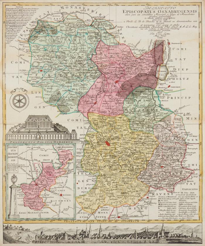 Norddeutschland. – 3 Kupferstichkarten (dav. 2 koloriert) des 17. /18. Jahrhunderts. Plattengröße von 49 x 59 cm bis 58,5 x 48,5 cm.

1.) Circulus Saxoniae Inferioris ... von Gerard und Leonard Valk / 2.) Ducatus Bremae et Ferdae ... (Gebiet zwischen Weser und Elbe, mit Jadebusen), bei Nicolaes Visscher / 3.) Delineatio Episcopatus Osnabrugensis ... (Umgebungskarte mit Teilkarte und Gesamtansicht), bei Tobias Conrad Lotter, 1784.