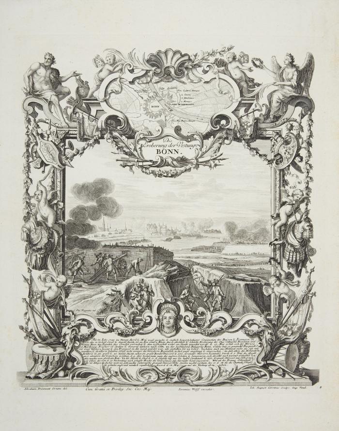 BONN.

Die Eroberung der Vestung Bonn ... 1703, Teilansicht mit Belagerung und Beschießung in üppiger Umrahmung