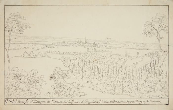 Bonn. Veue Etant sur la Montagne de Crutzberg, Sur le Chateau de Poppelsdorff la ville de Bonn, Binsberg et Sibourg et les Environs, Blick vom Kreuzberg auf Bonn und Schloss Clemenswerth in Poppelsdorf.