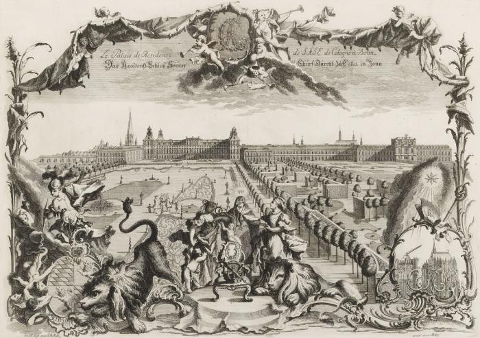 BONN RESIDENZ

Le Palais de Residence de S.A.S.E. de Cologne à Bonn - Das Residentz Schloss seiner Churf. Durchl. zu Cölln in Bonn. Ansicht der Residenz von der Hofgartenseite, kurz nach der Vollendung des Michaelstores 1755, mit reicher allegorischer Staffage, Tugenden, Wappentieren, Medaillon mit den Initialen C.A., kleiner Darstellung des unvollendeten Kölner Doms unten rechts, umgeben von Rocaille-Ornamenten.