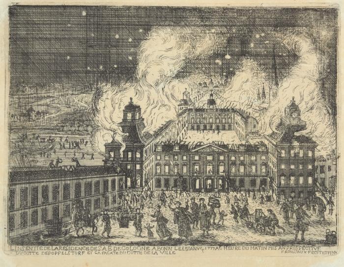 Linsentie de la Residence de S A E  de Cologne a Bonn Le 15 janvier 1777 a 6 heure du matin mis an prospective du cotte de Poppelstorf et ca facate du cotte de la ville, der Brand des Residenzschlosses in Bonn