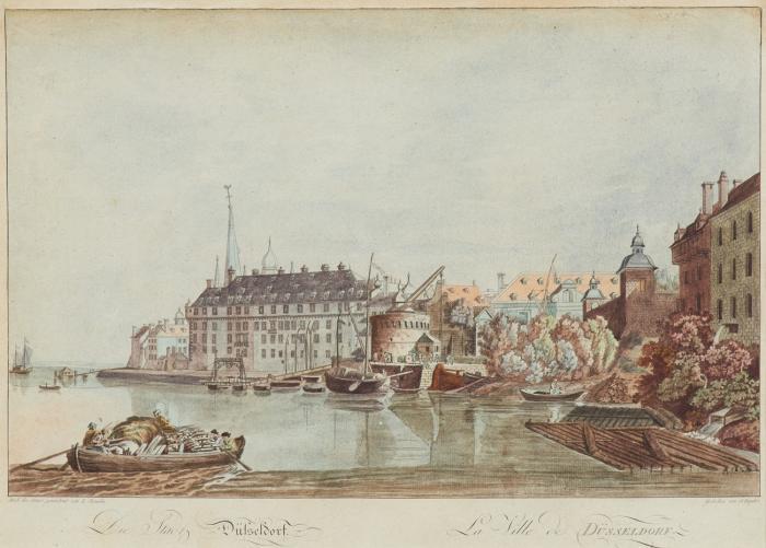 Düsseldorf. Die Stadt Düsseldorf. La Ville de Düsseldorf, Ansicht von Süden mit dem Schloss und Turm von St. Lambertus zentral.