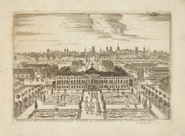 Münster. – Le Nouvoux Chateux de Munster de S.A.E. de Cologne, Prince Eveque de Munster du cotte du jardin, das Münsteraner Schloss von der Gartenseite her mit Panorama-Ansicht der Stadt im Hintergrund.