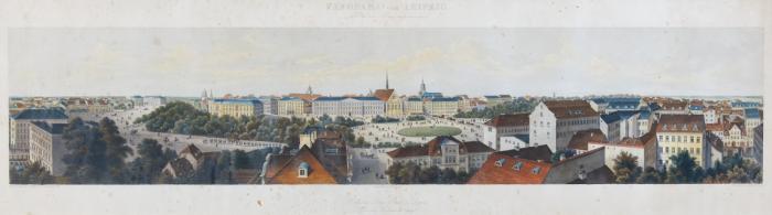 Leipzig. – Panorama von Leipzig in Niesens Haus aufgenommen. Mit der Paulinerkirche zentral und der Bürgerschule auf der ehemaligen Moritzbastei links.