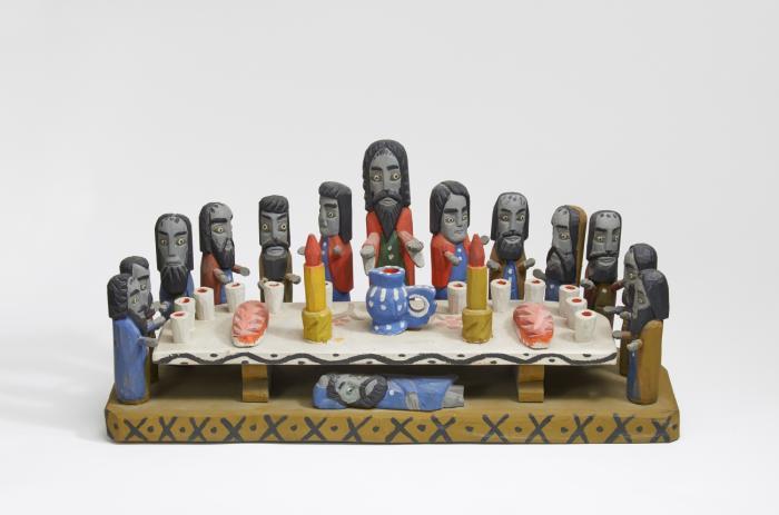 Abendmahl. - Geschnitzte polychrone Abendmahlszene mit 14 Figuren.