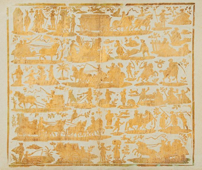 Buntpapier/Brokatpapier. - Bilderbogenartiges Blatt mit Figuren (Reiter, Wagen, Fischer, Soldaten und Gartenszenen) in 6 Reihen.