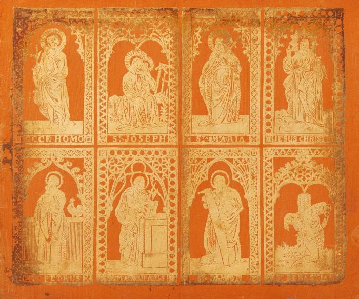 Buntpapier/Brokatpapier. 8 Heiligendarstellungen in 2 Reihen (Ecce Homo / St. Joseph / Sta. Maria / Jesus Christus / St. Petrus / St. Matthäus / St. Simon / St. Sebastian).
