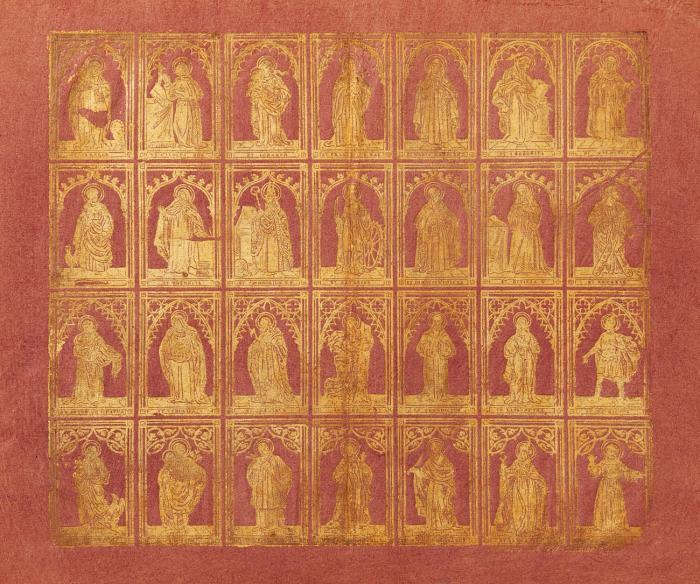 Buntpapier/Brokatpapier. - 28 Heiligendarstellungen, umrahmt in 4 Reihen (u.a. St. Amalia, St. Walburga, St. Johannes, St. Franziskus).