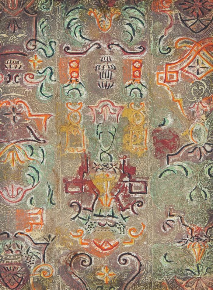 Buntpapier/Brokatpapier. - Sammlung von 11 Blatt Brokatpapieren mit Rankenwerk, u.a. bestehend aus ornamentalen Girlanden, Blüten, Früchten, Vasen, Akanthus, Arabesken, Masken und Vögeln.