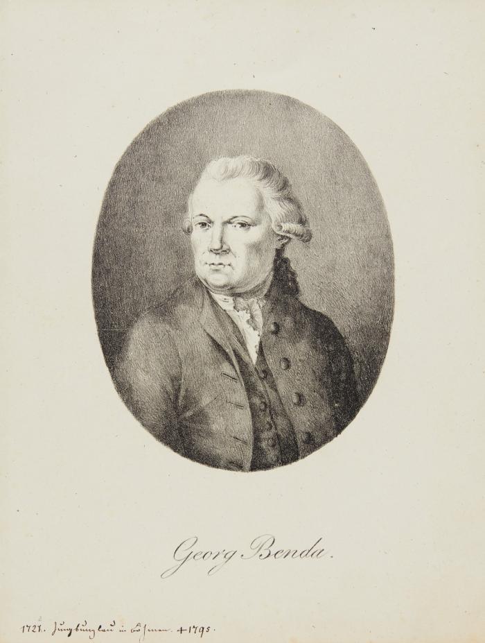 GEORG ANTON BENDA, böhmischer Kappellmeister und Komponist
Alt-Benatek an der Iser 1722 - 1795 Köstritz

Brustbild leicht nach links im Oval.